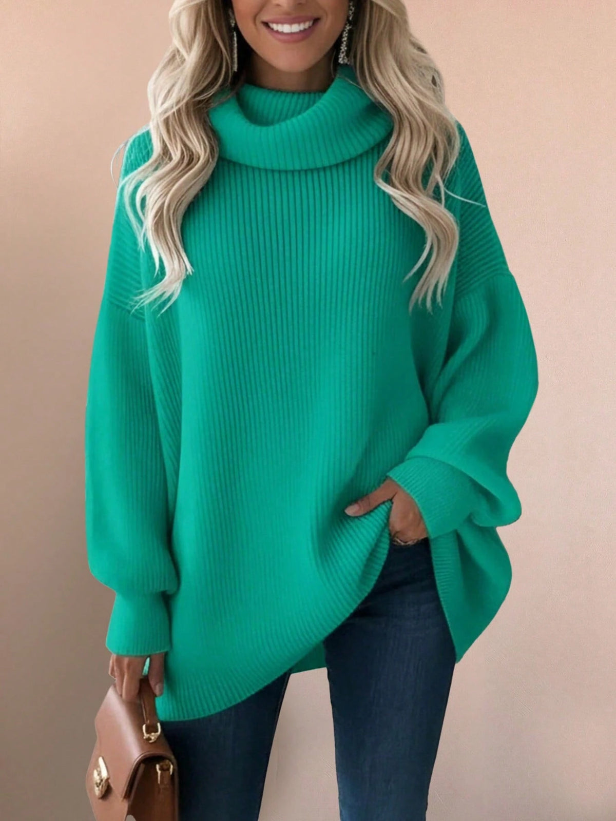 Women's Loose Casual Rib-Knit Turtleneck Pullover Sweater