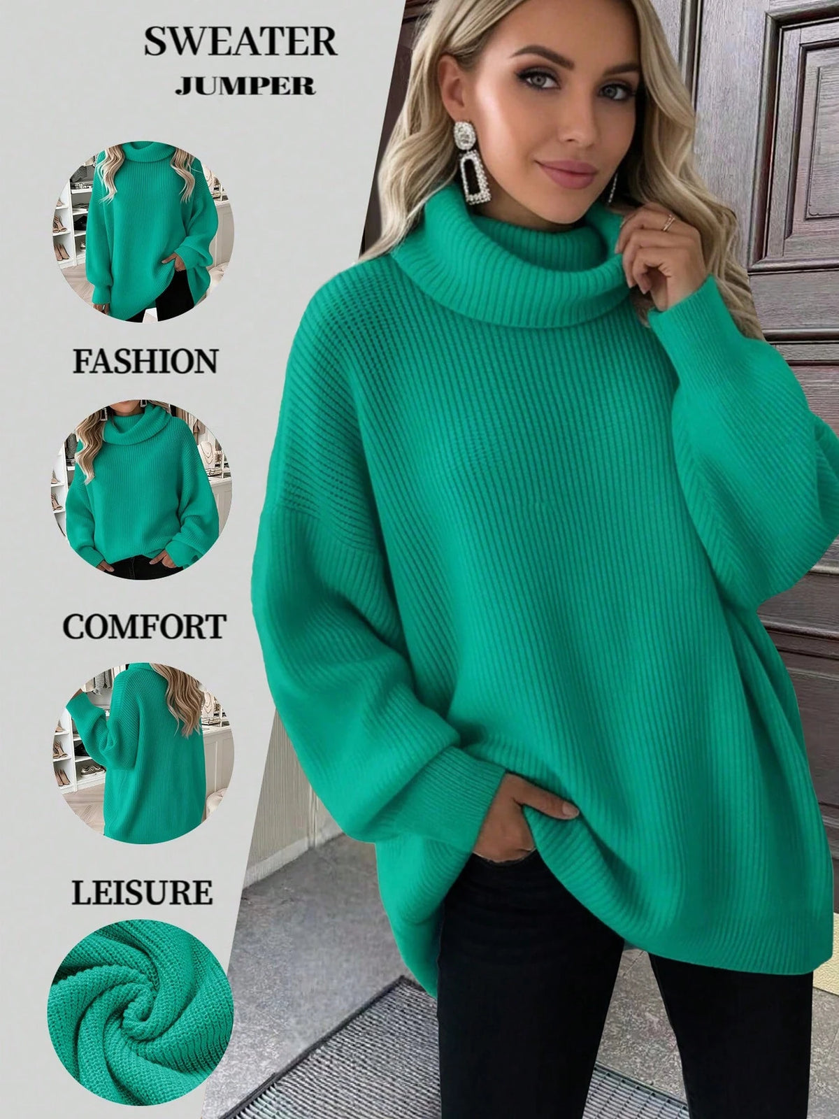 Women's Loose Casual Rib-Knit Turtleneck Pullover Sweater