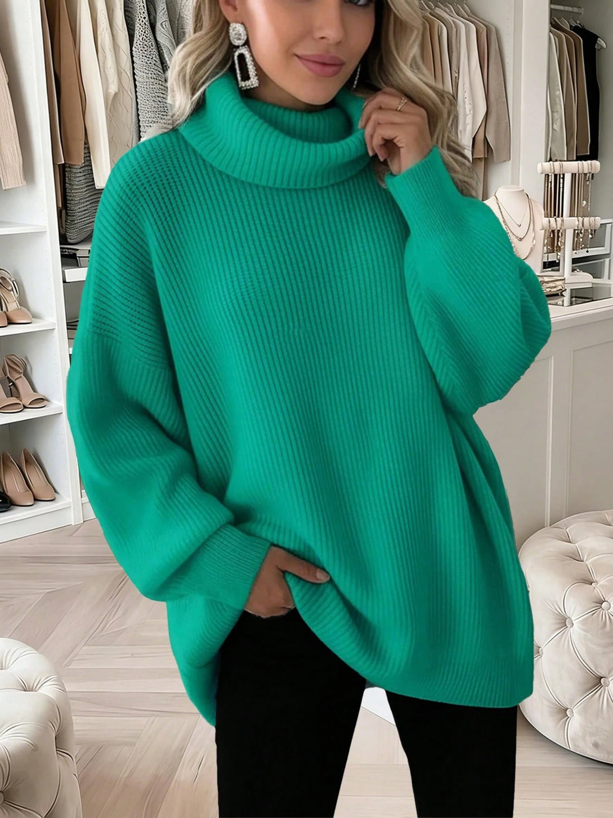Women's Loose Casual Rib-Knit Turtleneck Pullover Sweater